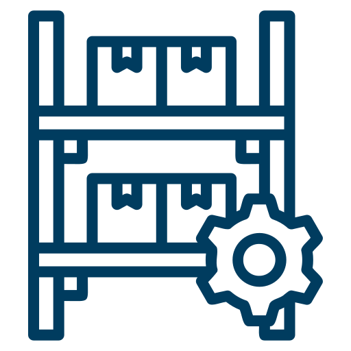 Ícone de um rack de armazenamento de armazém com caixas em prateleiras, acompanhado de um símbolo de engrenagem, sugerindo configurações ou gerenciamento de inventário. A imagem é exibida em um estilo de linha azul escuro.