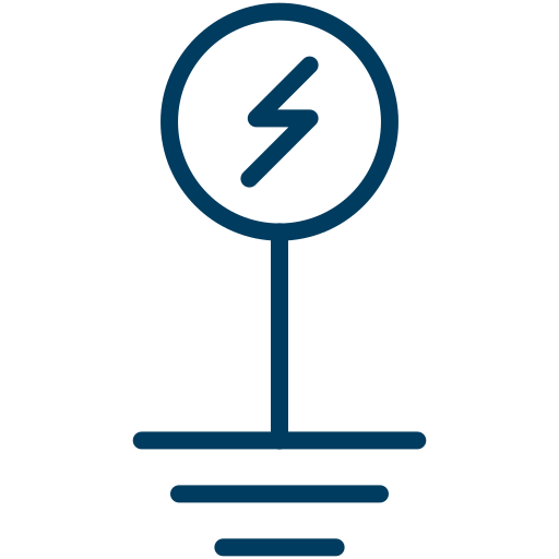 Ícone de um símbolo de aterramento elétrico. Consiste em um círculo no topo com um raio dentro, preso a uma linha vertical que leva a três linhas horizontais de largura decrescente na parte inferior, simbolizando o aterramento.