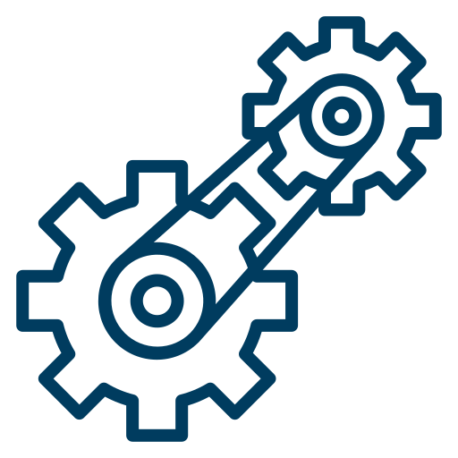 Uma ilustração de arte linear de uma configuração mecânica que consiste em duas engrenagens interligadas conectadas por uma corrente ou correia. A engrenagem maior é posicionada na parte inferior esquerda, e a engrenagem menor está na parte superior direita. A corrente ou correia de conexão forma um formato triangular.