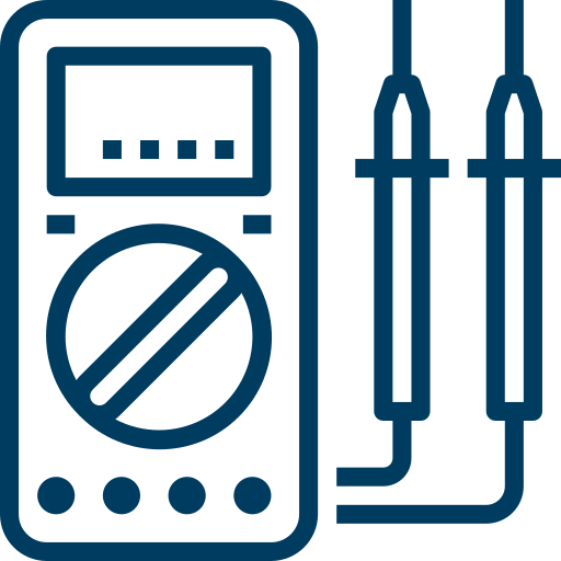 Um desenho de linha de um multímetro digital com duas pontas de prova. O multímetro tem um display retangular na parte superior e um mostrador circular no centro para selecionar várias configurações de medição. As pontas de prova são conectadas às laterais do dispositivo.